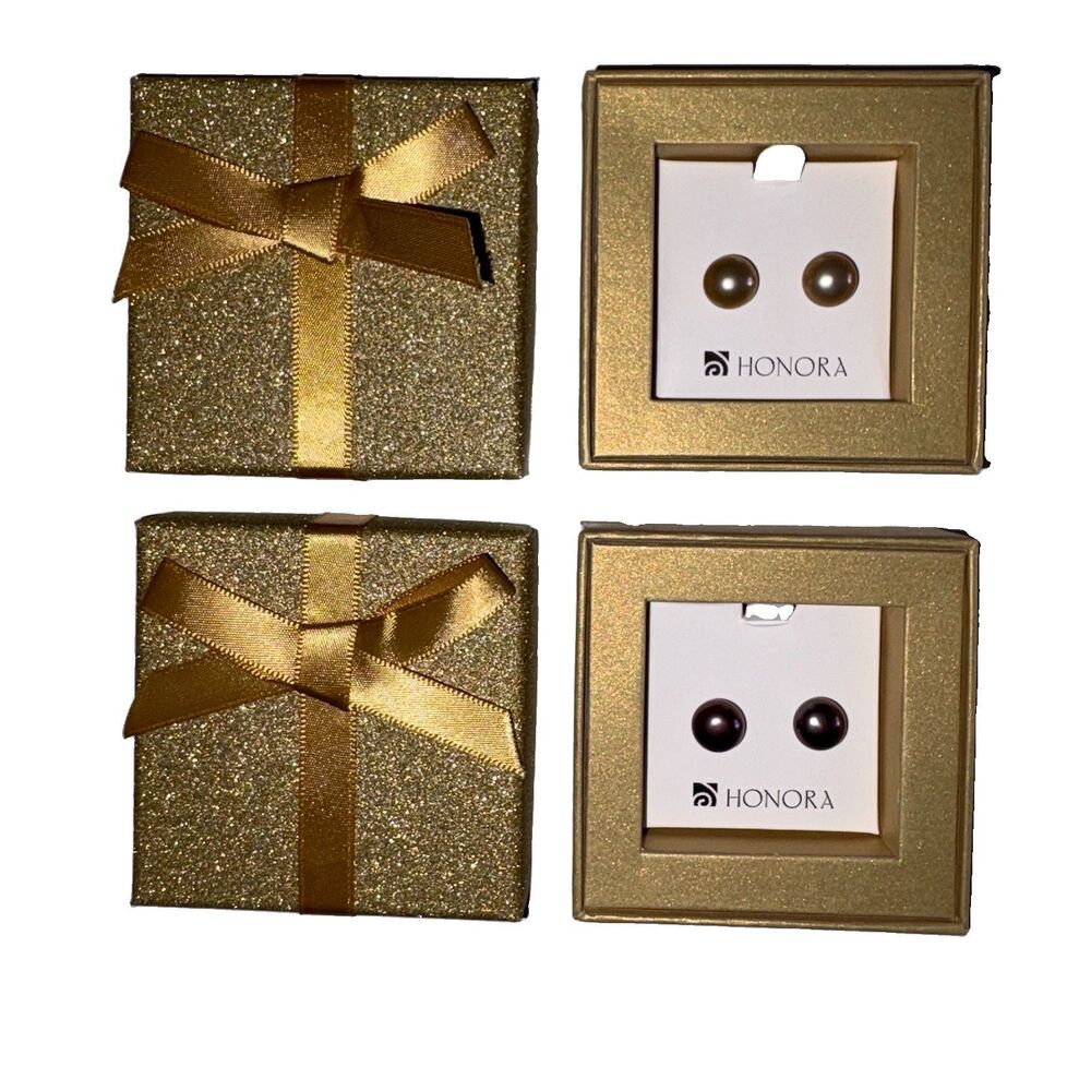 Honora 2 Pair Copper Brown Cultured Pearl Post Pierced Earring Silver Happy Back